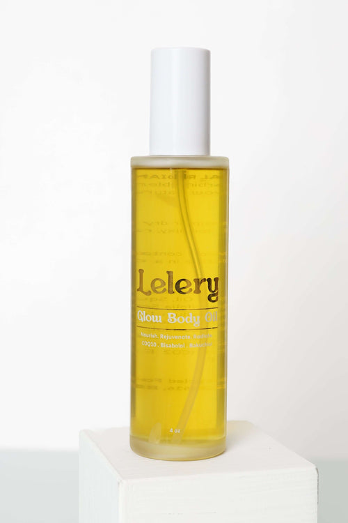 Lelery Glow Body Oil for glowing skin in clear bottle for hydration.