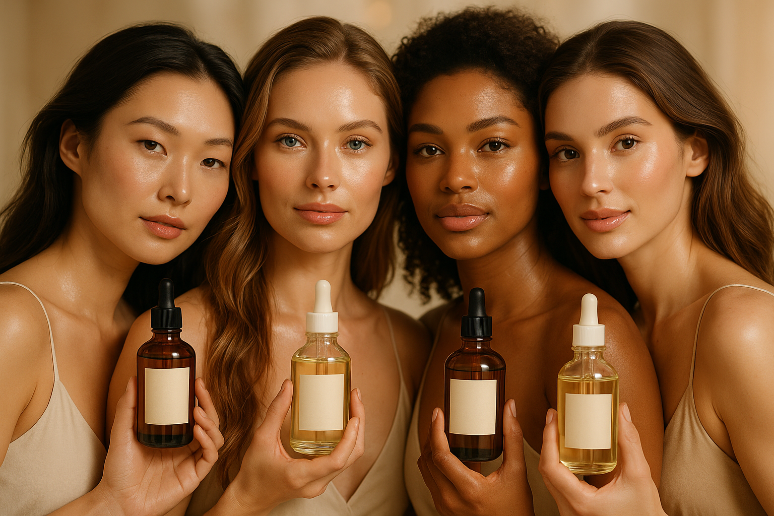 beautiful women holding this oil bottle 